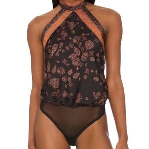 Free People Black Paisley 1 thing Halter Neck‎ Bodysuit Sheer Mesh Thong Back